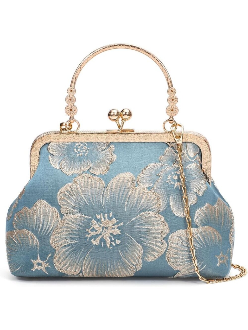 Women's Light Blue Floral Embroidered Kiss Lock Frame Clutch Evening Bag Purse